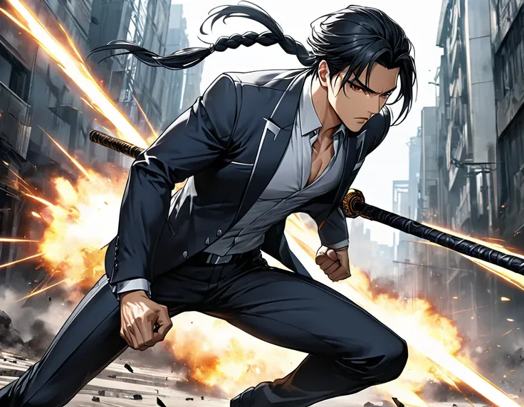 Neo-noir futuristic art style, full-body view, semi-realistic anime style of a man charging forward with explosive energy, as if about to strike. He is in a dynamic, forward-leaning sprint, his body angled forward with intent. One hand grips a bo staff, he...