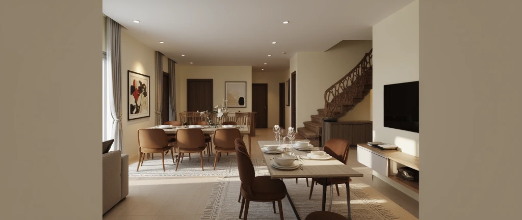 Architecture visualization of a modern interior space featuring an open-plan living and dining area. Natural sunlight streams through large windows, casting soft shadows on the beige stone floor. The sleek dining table set for a meal contrasts with warm to...