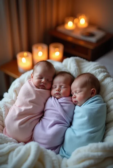 "A serene and intimate scene of three identical newborn babies peacefully sleeping side by side on a soft, fluffy blanket, gently illuminated by the warm glow of candlelight. Each baby is wrapped in cozy, pastel-colored swaddles—one in light pink, one in s...