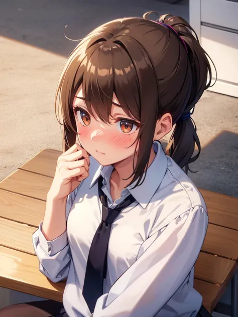 1girl,  small breasts,school uniform,Bend forward and hold your chest,sitting 
face close-up,raise your hand,I can see the side,
eliminate shadows
brown hair,long hair,tie hair,tie hair back,
brown eyes,blush, nose blush, embarrassed,very embarrassed,face ...