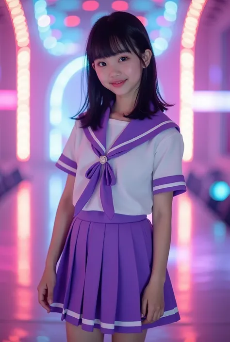 Long shot portrait photo of a beautiful girl, 1, 、ren、teen girl, young girl, black medium straight hair without bangs , 日本の3 years oldの美少女ポップアイドル, super ultimate cute nad beautiful and elegant, (happy smile:0.4), 50mm Portrait,  colorful stage lighting ,  ...