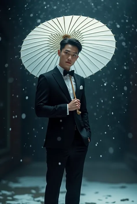 Help me generate images：, the picture style is 「Portrait Photography」， A handsome and lovely Chinese man ，22 years old，Wear a formal suit，Holding a white paper umbrella ， standing in a dark background 。 There are snowflake-like particles falling in the bac...