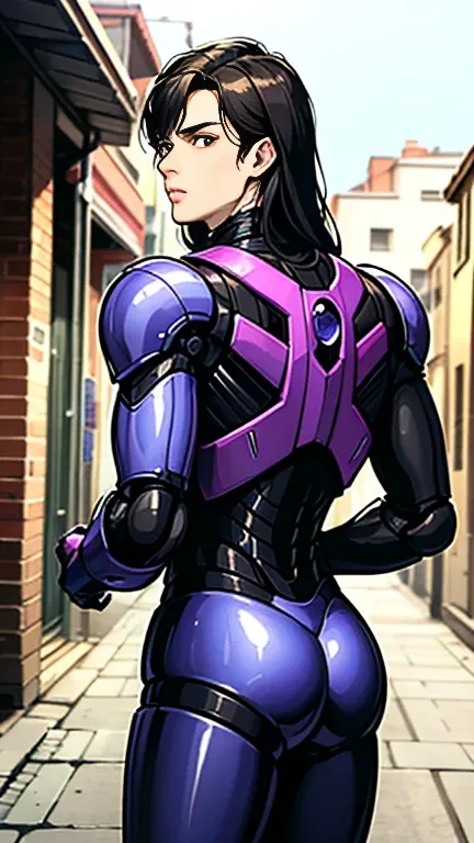 Back Alley,  Attractive Young Man ,  RoboCop Cosplay , Looks weak, 18 years old, Weak body, Tall,  long hair, Long bangs, Robocop Kissed by Handsome, Cool Man in a Shiny Rider Suit, Frightened RoboCop 