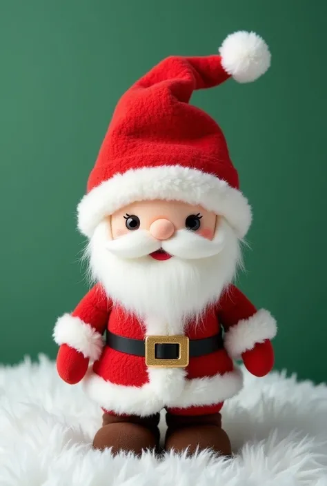  jellycat style snow Santa plush toy，Christmas elements，lively，cute，Christmas theme， clean background， solid background ，Christmas green background ，珊瑚绒质感 ，fleece texture ，hairy，  light contrast color scheme， fluffy and soft texture ，Smooth and soft ，Chris...