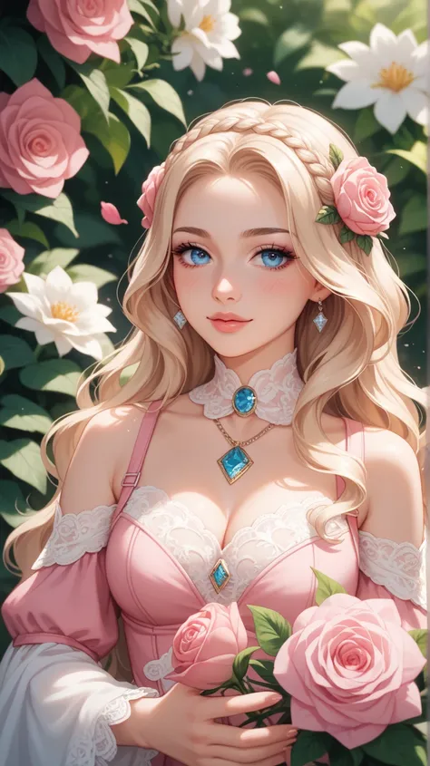 Image is a digital illustration in an anime style, featuring a young woman with long, flowing hair that transitions from dark at the roots to a lighter shade at the tips. Her hair is adorned with a pink rose and small white flowers. She has large, expressi...