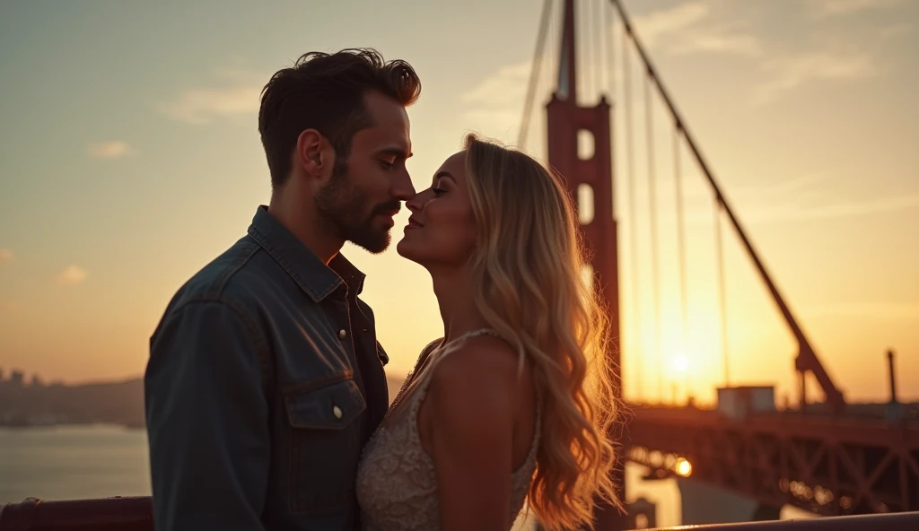 Background dj couples face in a photo of the San Francisco bridge uses, and on top of the bridge the same couple looking at each other passionately