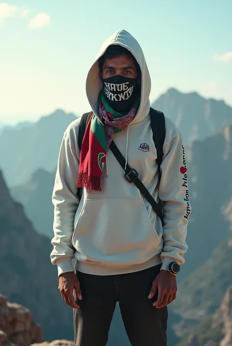 A man wearing a white Hoodie sweater and a mask is carrying a scarfFreePalestine again standing on top of the highest mountain, there is a Bang Azay name logo on a white Hoodie sweater  