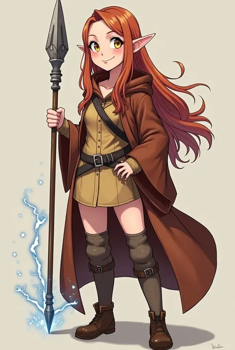 Dwarf female, aged 16 to 18, 142 centimeters tall, athletic body, human ears, firm body, not large breasts, small hips, long hair, reddish-brown long hair, yellow eyes, wearing a travelers dress covered in a magician-like robe, with a hood open to the shou...