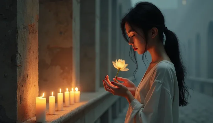 Framing:
The woman is holding a single flower in her hands, standing near a row of candles. Her gaze is directed downward at the flower, her expression peaceful and reflective.

Lighting:
The warm light from the candles softly illuminates her face, hands, ...