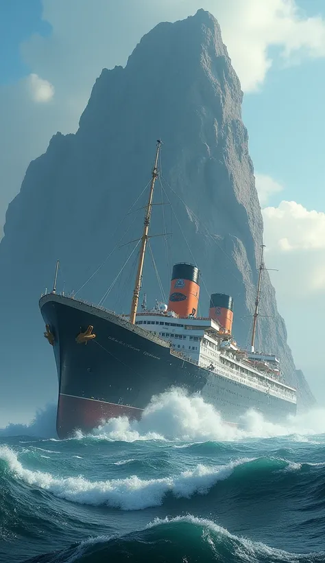 In cinematic 3D style ,HD image ,realistic image, colourful image.
Action,A very big ship has collided with a very big mountain in a very big ocean and has broken down