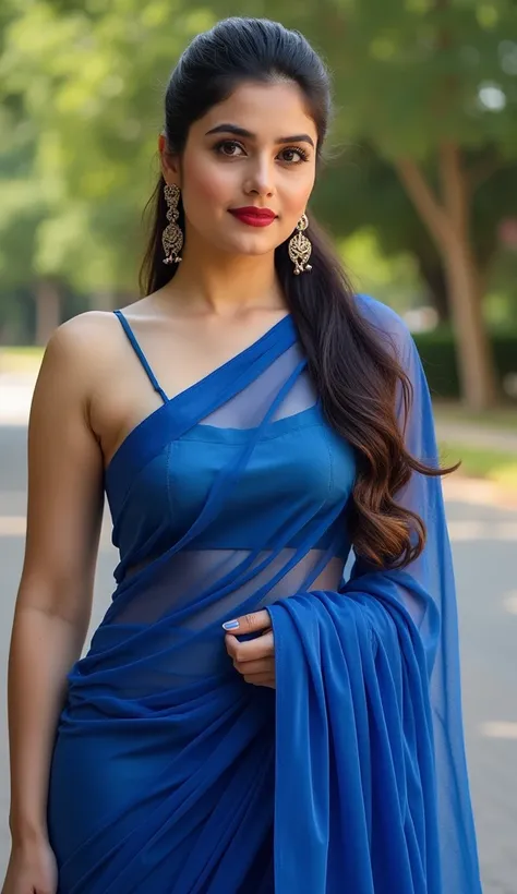 A Beautiful cute Pakistani girl like Yasmin khan sajal ali khan with black brwn long silk hair wearing Turn heads with this stunning glossy blue bodycon saree! Some high heels Designed for a sleek, figure-hugging fit, it features a slip-on style and a high...