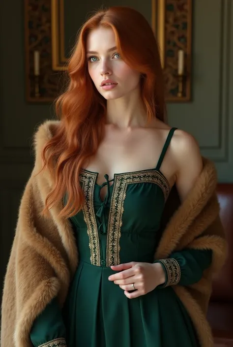 A girl with auburn hair that falls in soft waves. Shes russian. She has blue eyes.  She is wearing a dark green silk dress with gold embroidery along the egdes reminiscent of the traditonal russian kokoshnik style. Shes wearing soft leather boots. Shes wea...