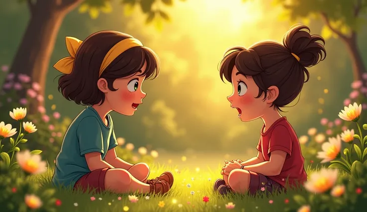 An engaging illustration of Sara and Luna sitting together in Lunas new yard, surrounded by the shimmering flowers Luna is planting. The scene captures the warm sunlight filtering through the leaves, creating a magical atmosphere. Sara is animatedly talkin...