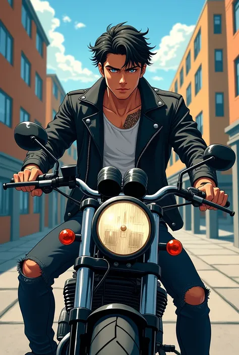  A 23-year-old Mafia member , sitting on the motorcycle, Inside the college campus .  He wears a leather jacket and dark jeans that are shaved around the knees,  he has an athletic size wavy black hair ,  pretty face,  Blue Eyes,  slightly tanned skin . Se...