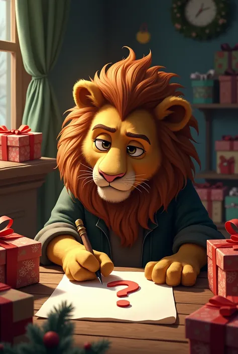  The lion is always writing in a room full of Christmas gifts，Theres a big question mark on the paper 