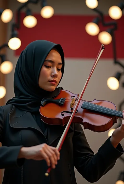 ((masterpiece)),((top quality)),((high detail)),((realistic,)), ((hijab)), ((indonesian woman))hijab girl playing viola, Indonesian flag, jacket, there are many spotlights around