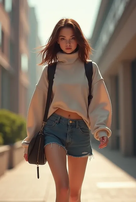 Girl
18 years old
Caucasian
High neck pullover
Brown hair
Micro Miniskirt
Walking towards college