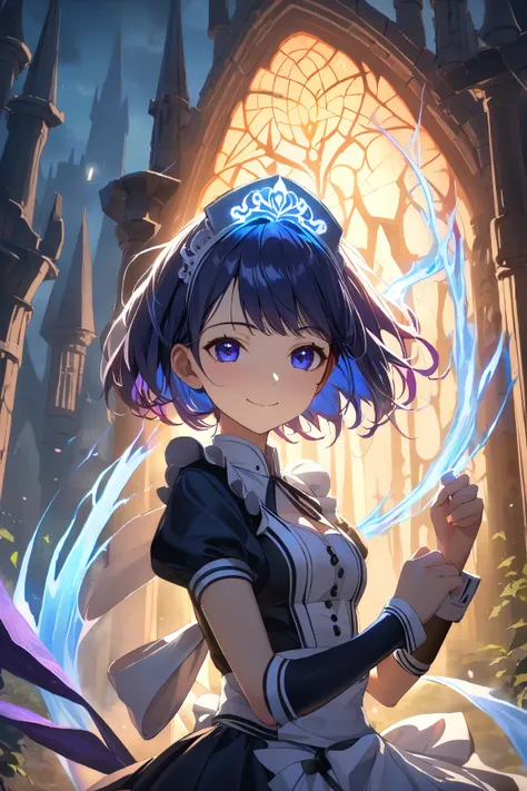 1 girl, (cute face), 19 years old, (short hair), (wearing a sleek battle maid uniform), (dark blue and silver accents), small breasts, fit, (preparing for battle:1.2), (confident smile), BREAK  
Gothic castle ruins, foggy environment, (moonlight illuminati...