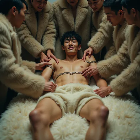 Fur shackles on a bed made of fur and a young Japanese male model wearing a fluffy fur swimsuit restrained by shackles laughs painfully when 4 young men wearing fur coats touch her flanks