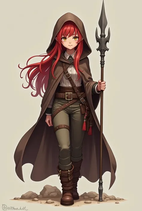 A dwarf, a woman aged 16 to 18, 142 centimeters tall, athletic shape, ordinary ears, toned body, small breasts, small breasts, small hips, long red hair, yellow eyes, dressed in a travel suit, a pleated coat, covered in a magician-like cloak, with a hood o...