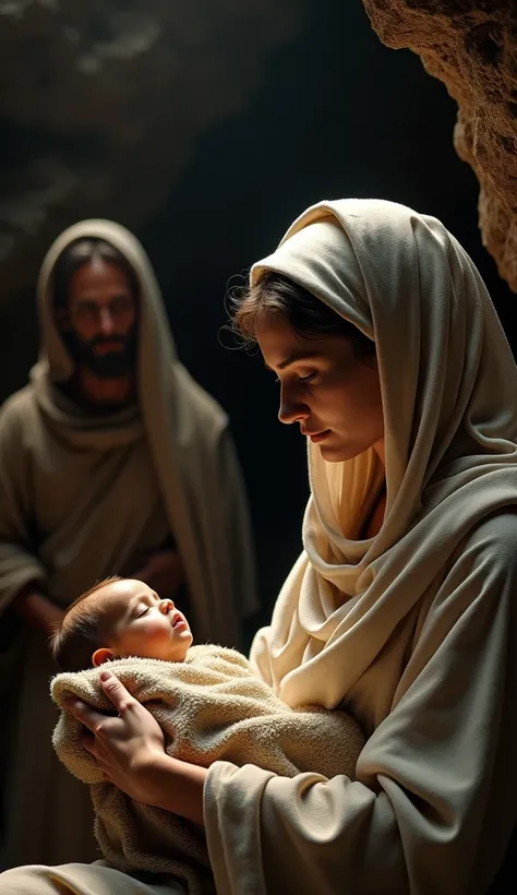 create an ultra-realistic image of Mary with the  baby Jesus, along with Joseph hiding in a cave. using a Canon Alpha 7 camera and an EF 70-350mm f/4 lens