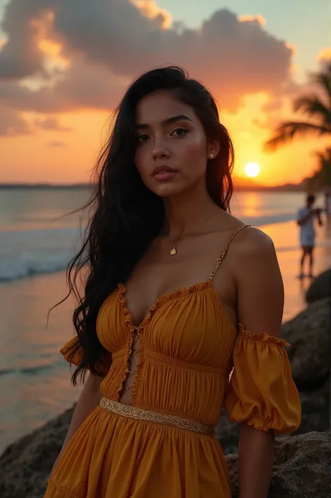 late evening scenario, photoshoot, beautiful 20 year old, Mexican woman, (shy smirk:1.4), facing the camera,  golden half sleeve blouse, petticoat, leaning against a rock in the seashore, glowing flawless skin,  show full body in the image, wide angle, lon...