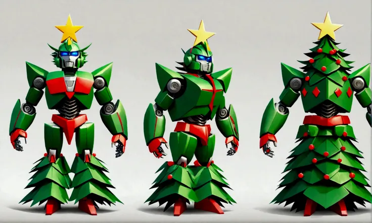 Design a transformer, its disguise mode is a Christmas tree. Character design, show from multiple angles, blank background