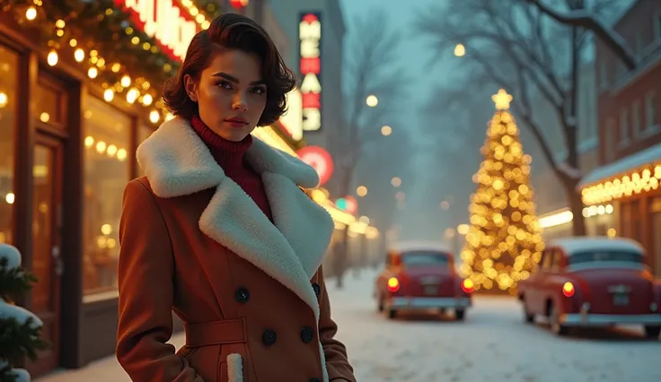 Retro Girl,  with a retro hairstyle ,  in a short short coat with a big neckline with big breasts.  In the background, New Years Eve ,  decorated Christmas tree , retro cars 
