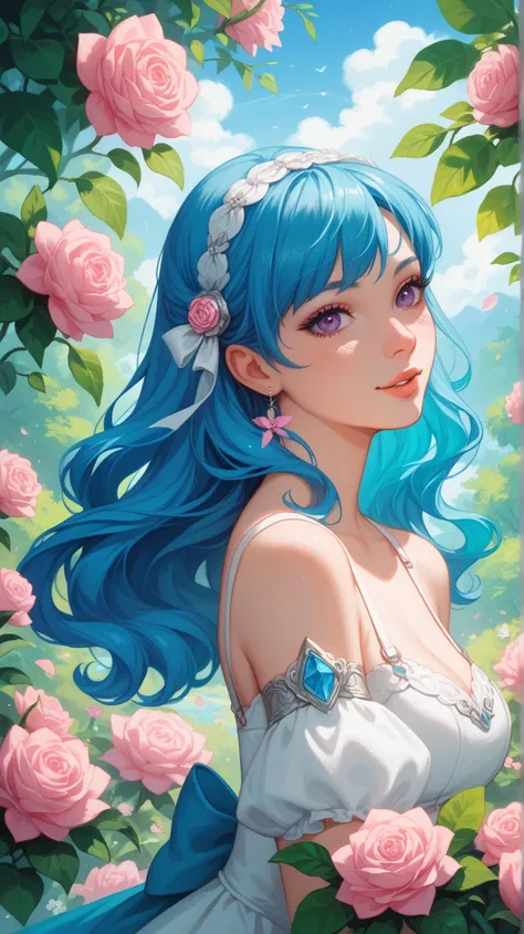 Image is a digital illustration featuring an anime-style character. The layout is vertical, with the character centrally positioned against a vibrant, nature-inspired background. The subject is a young woman with long, flowing dark blue hair and large, exp...