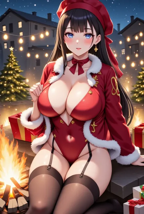 Anime illustration, A beautiful pirate girl, Christmas Babe, in a campfire, fur trimmed, wearing a red pirate jacket, sexy legs, she posing in a sexy way next to the fire that illuminates her beautiful light blue eyes  and her long sexy legs, snow 