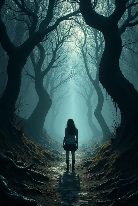 A dark, eerie forest edge, with gnarled trees casting long shadows, creating a sense of foreboding as Claire prepares to venture into the woods.