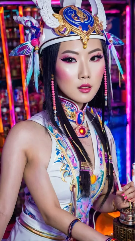 Portrait of an Asian female model DJ of Thai-Japanese origin, smooth porcelain white skin, using high-end cosmetics, cosplaying as a mythical warrior, vibrant and vibrant bar scene, creating positive motivational emotions