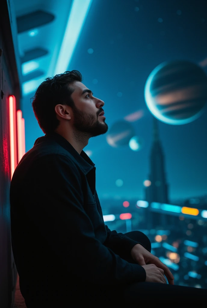 a man sitting thoughtfully,looking at the vast universe,troubled expression,dramatic lighting,cinematic composition,dramatic moody atmosphere,dark sci-fi landscape,neon lights,glowing stars,detailed facial features,chiaroscuro lighting,volumetric light ray...