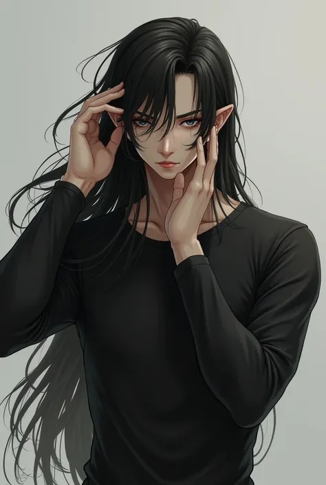 A young man with long hair looks at his ears and wears black clothes and his body is thick and long 