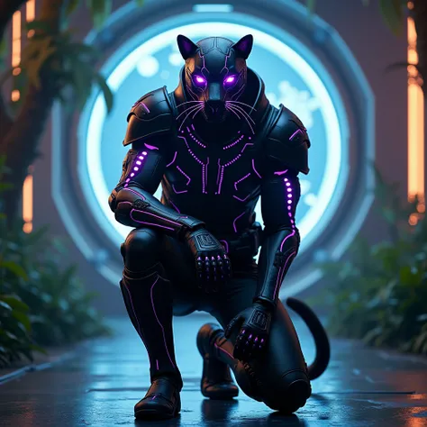 A heroic figure clad in advanced, panther-themed black armor kneels on one knee in a dynamic, action-poster stance. The armor features intricate patterns and glowing purple highlights that seem alive with energy. The scene is lit with sharp, contrasting ci...