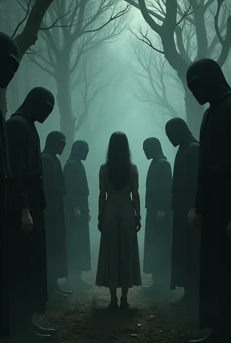 The faceless figures of townsfolk, surrounding Claire in the forest, their smooth, featureless faces reflecting an eerie sense of menace, as they reach out towards her.