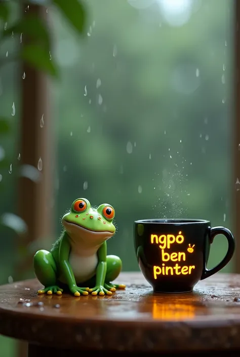 Cute green frog gemoy smiles at the sight of his teeth, is on a wooden table ,  next to it there is a green emerald gemstone of oval shape , there is a mug of black color ,  in mug reads " NGOPI BEN PINTER ", the yellow color writing lights up like there i...