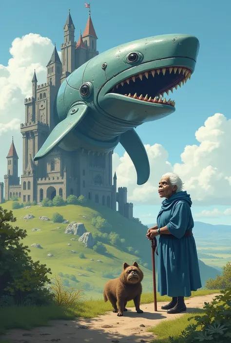 Machine Castle 
Whale Face Castle 
Its mecha 
Walking on a hill 

There is an old woman with a gorilla face holding a cane near that mecha
The old woman is wearing blue clothes 
There is a dog at the feet of an old woman 
Dogs are furry
