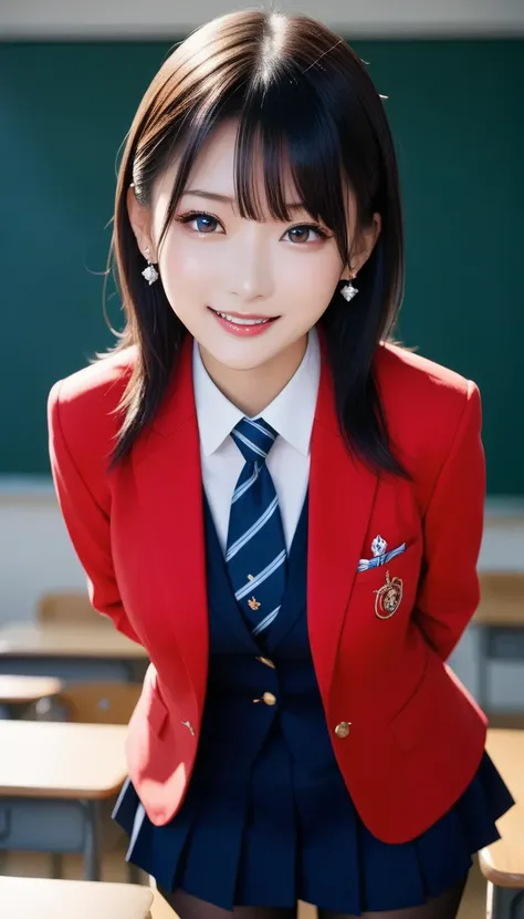 スコア_9, スコア_8_アップ, スコア_7_アップ, sアップer detailed, BREAK A breathtakingly beautiful Japanese woman with long, silky black hair, wearing a modern school uniform with a fitted blazer, short skirt, and tights. She has a radiant smile, stunning facial and eye detai...