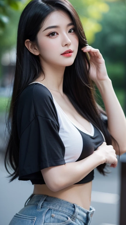 Black hair, make-up, Masterpiece, seductive casual attire, Hip-up angle, dynamic pose, close-up, natural lighting, confident expression, bokeh background, high resolution