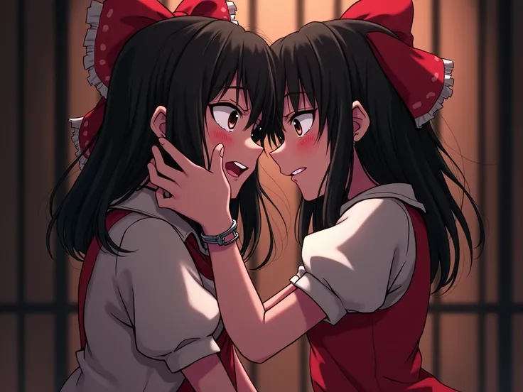 Master piece,best quality,nsfw,1boy(((( rape,doggystyle,sex from behind,internal cumshot)))),hakurei_rhyme/Reimu Hakurei/Hakurei Reimu (touhou)((clenched teeth cry,handcuffs, shackles,torn clothes,trembling effect motion lines with sexual climax,fertilizat...