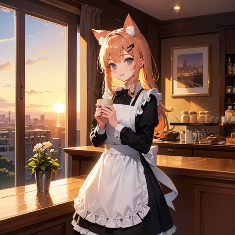 girl with cute cat ears wearing maid dress, cafe, sunset