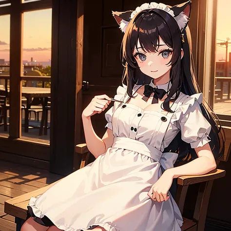 girl with cute cat ears wearing maid dress, cafe, sunset