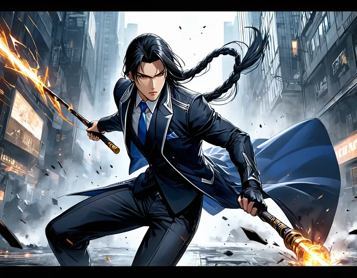 Neo-noir futuristic art style, full-body view, semi-realistic anime style of a man charging forward with explosive energy, as if about to strike. He is in a dynamic, forward-leaning sprint, his body angled forward with intent. facing viewer. One hand grips...