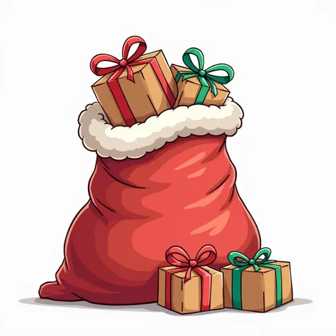 Santas bag with gifts. The sack is open, showing gifts wrapped in packaging and toys. Next to the sack are 3 wrapped gifts. Draw with the same lines and style as vector logos in Inkscape, blueprints, hd quality