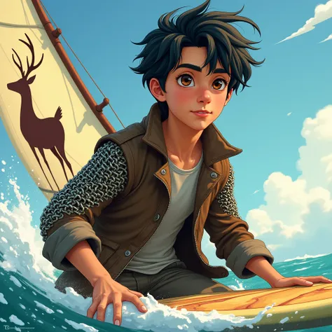 Young black-haired, brown-eyed man wearing a chainmail jacket, while wearing a leather jacket, is riding a surfboard with a sail with a deer as an emblemCabello corto, Cabello negro, Estilo animado, Ilustración, Película, Cinematografía, 