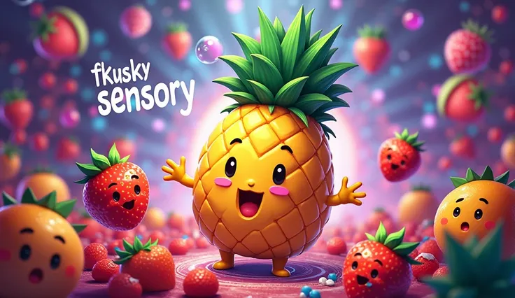  It is a colorful and vivid graphic image with anthropomorphic fruits and musical elements. in the middle, there is a large pineapple with facial features,  surrounded by smaller characters such as strawberries , watermelon,  and other fruits that also hav...