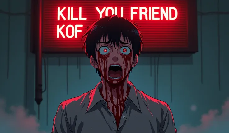 Anime style, The guy is standing there with a completely frightened look and blood is coming out of his eyes, he is looking at an electronic sign that says kill your friend