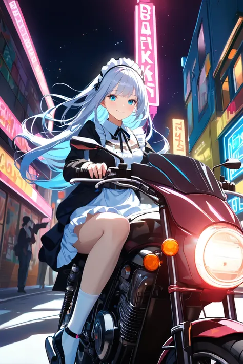 1 girl, (cute face), 18 years old, (long hair), (wearing a stylish maid outfit), (black and white color scheme), medium breasts, slim, (sitting on a motorcycle:1.2), (playful smile), BREAK  
Urban cityscape, neon lights, (nighttime setting), (street art in...