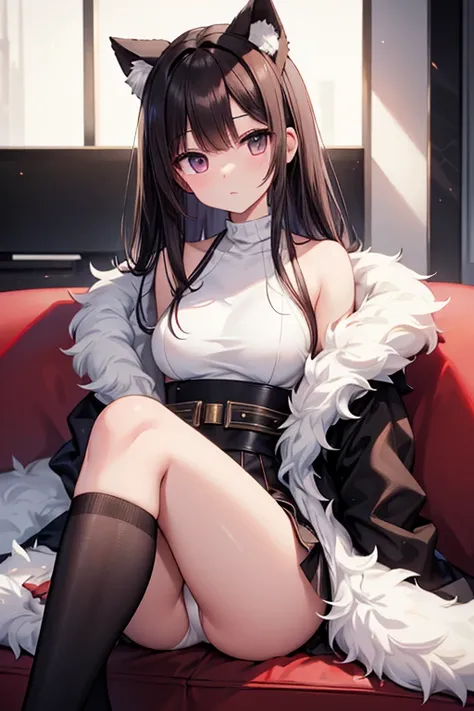  height 155 cm　Brown and black hair 　 and my hairstyle is semi-long 　White fur coat　light purple miniskirt　 sitting on the couch　 legs crossed 　 is wearing a mask　 white panties visible
